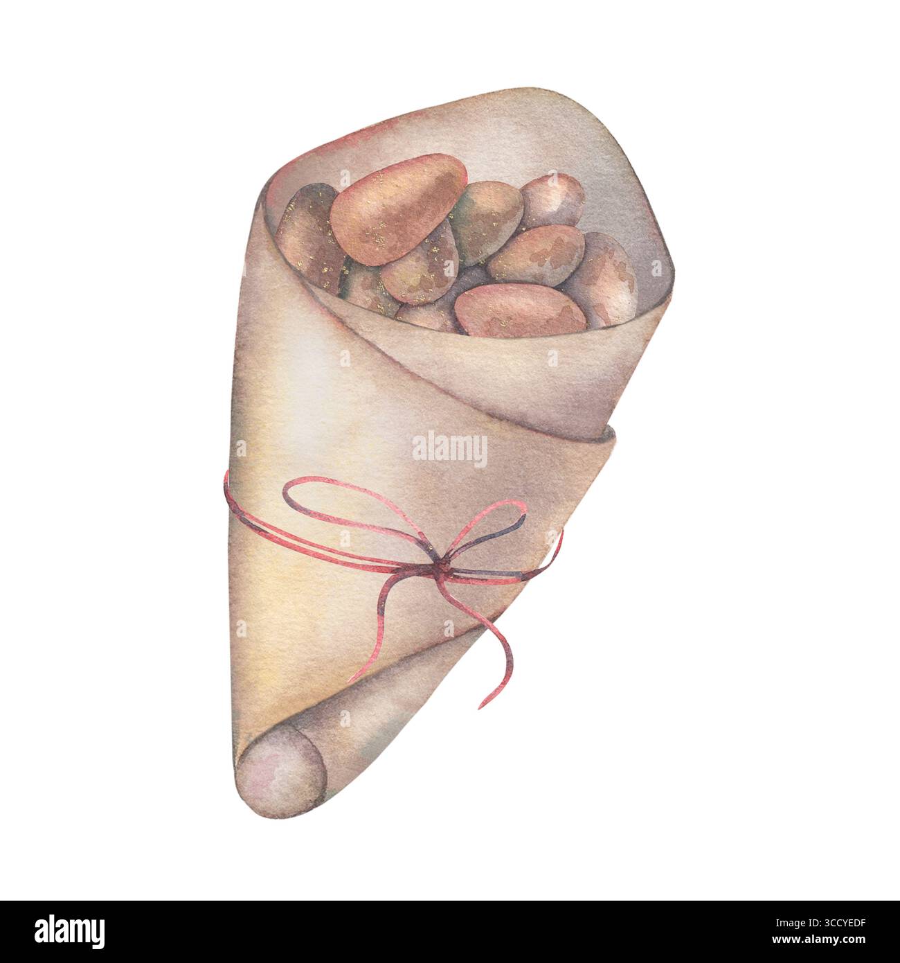 Bastelpapierfolie, gebunden mit einer Schnur, gefüllt mit karamelisierten Mandeln. Handgemalte Aquarellillustration von süßen Snacks isoliert auf weiß. Stockfoto