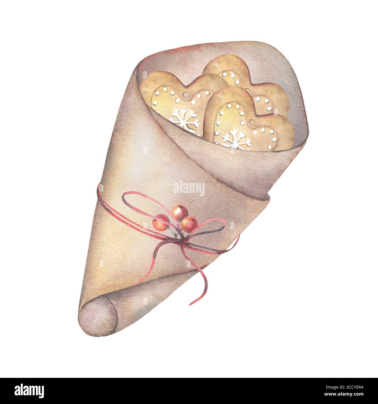 Bastelpapierfolie mit einer Schnur, die mit Keksen gefüllt ist. Handgemalte Aquarellillustration von süßen Snacks isoliert auf weiß. Ideal für Café-Menüs Stockfoto