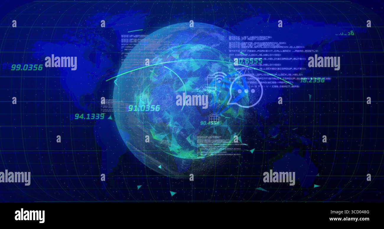 Anzeige der holografischen digitalen Erde, die sich in einer virtuellen Datenschnittstelle dreht, mit Raster- und Wi-Fi-Symbolen Stockfoto