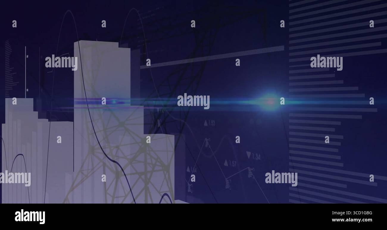 Mit weißen 3D-Balken im Analyse-Dashboard mit Liniendiagrammen und Objektivlichtern, Kopierraum Stockfoto