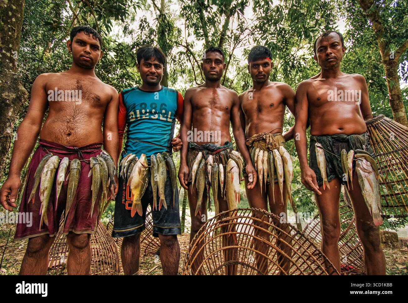 Bogura, Bangladesch - 24. März 2018: Blick auf fünf Männer, die ihren frischen Fisch vor einem Hintergrund von leuchtend grünem Blattwerk und schimmerndem Sonnenlicht zeigen. Stockfoto