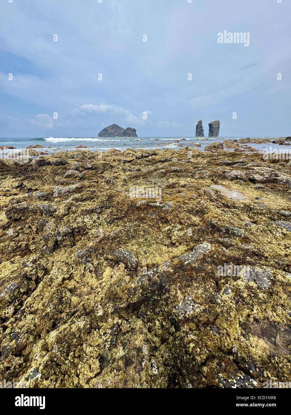 Basaltische Lavaformationen und Küstenfelsen mit Mosteiros-Inseln im Hintergrund, Insel São Miguel, Azoren. Stockfoto