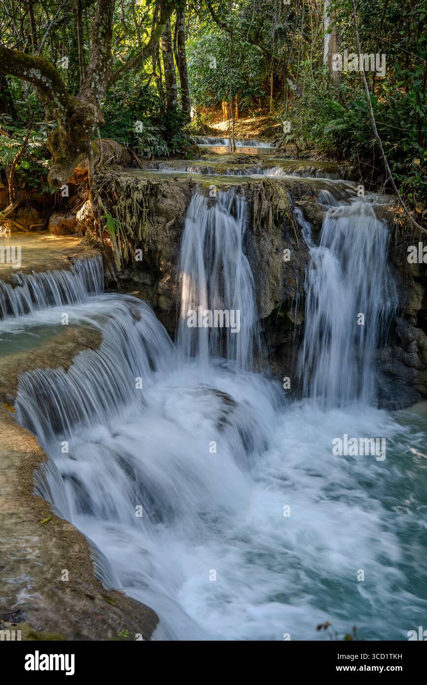 Mächtige mehrstufige Kaskade des Kuang Si Wasserfalls, der durch den üppigen Dschungel in der Nähe von Luang Prabang, Laos, schwingt Stockfoto