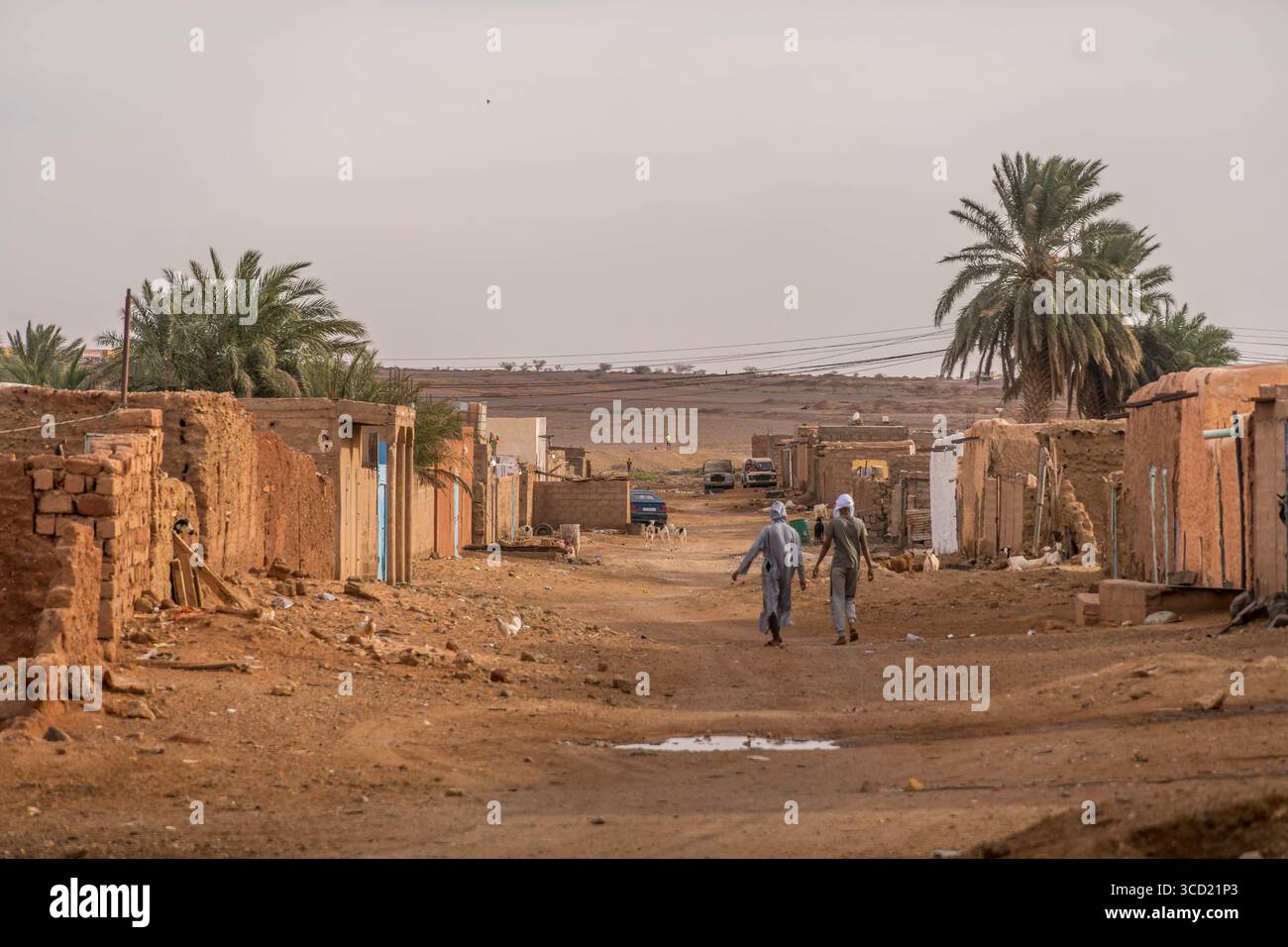 Mauretanier durchqueren staubige Straßen in Fderik, Mauretanien, flankiert von Lehmhäusern und Palmen inmitten von Sahelarmut und Unterentwicklung Stockfoto