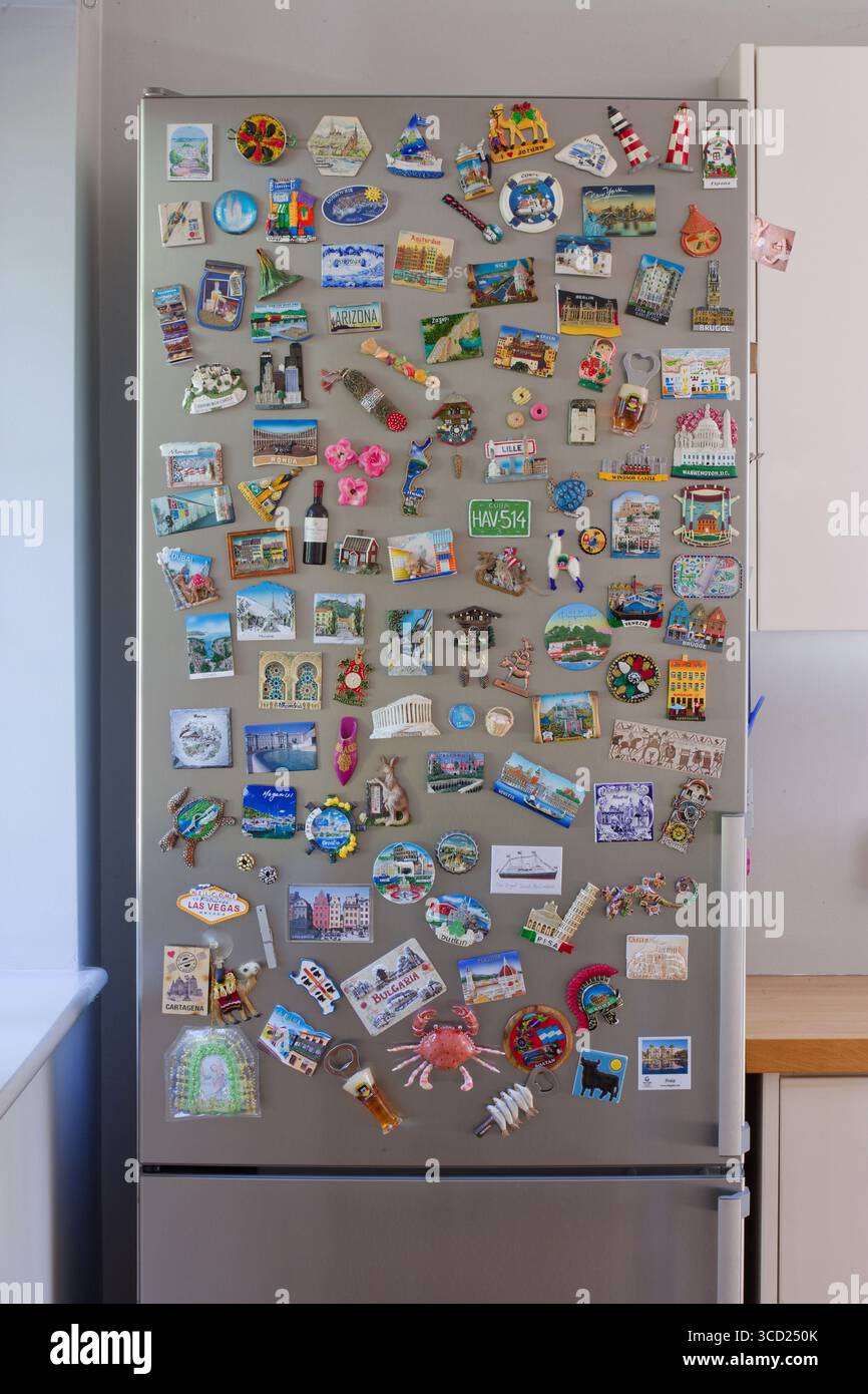 Kühlschrankmagnete aus aller Welt auf einer Metalltür. Eine Sammlung von Erinnerungsstücken vergangener Orte, die besucht wurden. Stockfoto