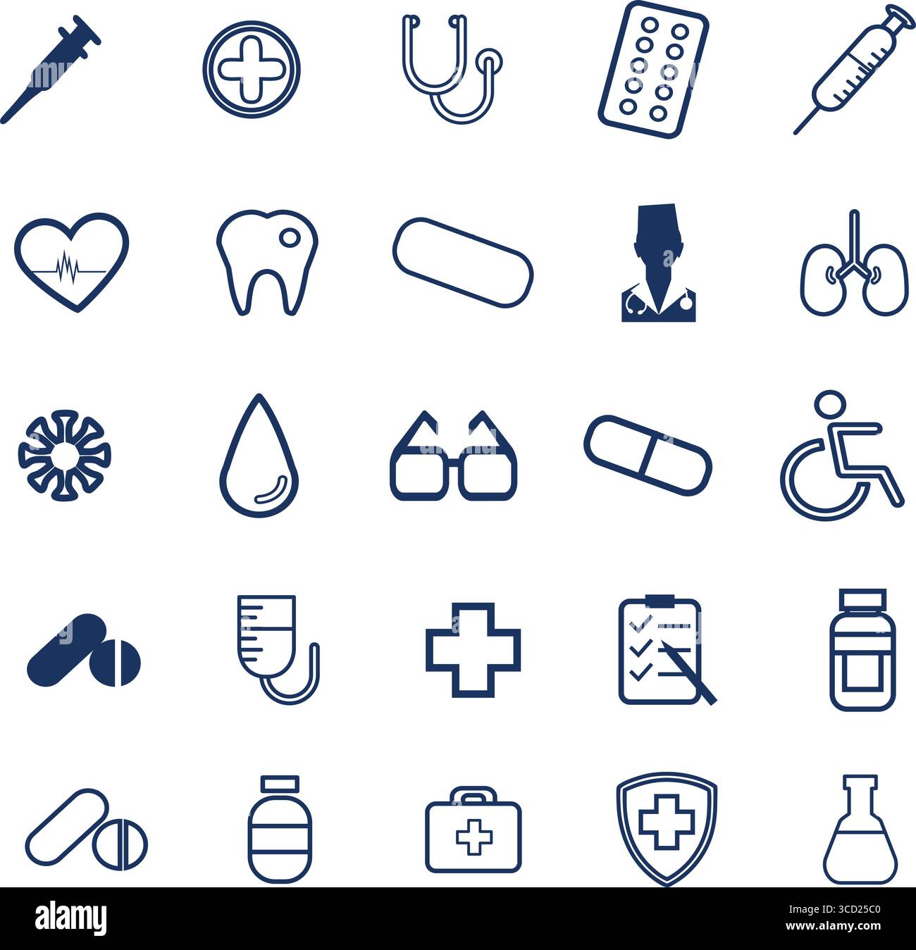 Diese informative Illustration zeigt eine Sammlung medizinischer Symbole, einschließlich Spritzen, Stethoskope, Pillen und Gesundheitssymbole. Stock Vektor
