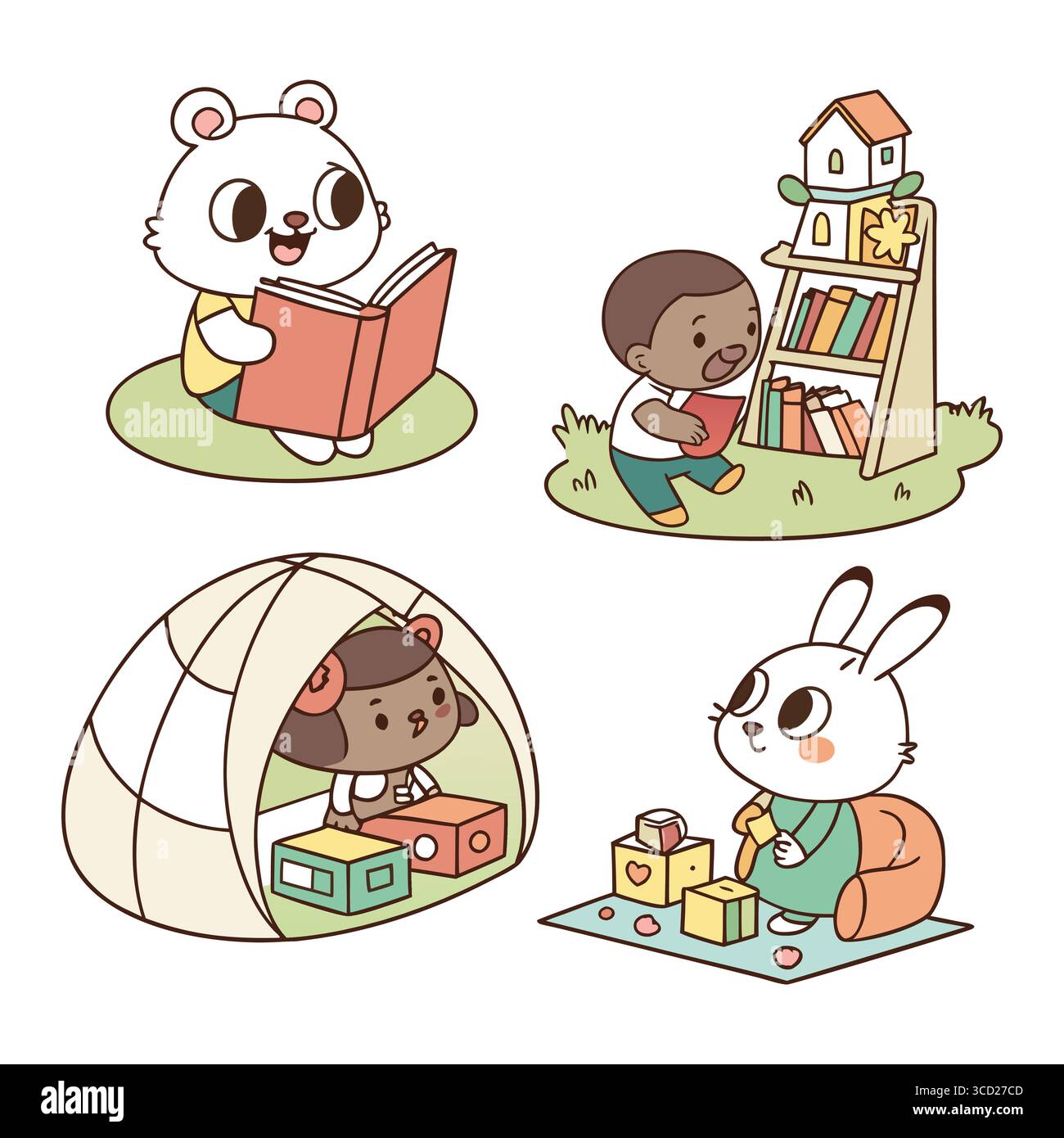 Niedliche Zeichentrickkinder und Tiere lesen Bücher und spielen mit Spielzeug in lustigen und farbenfrohen Lernszenen Stock Vektor