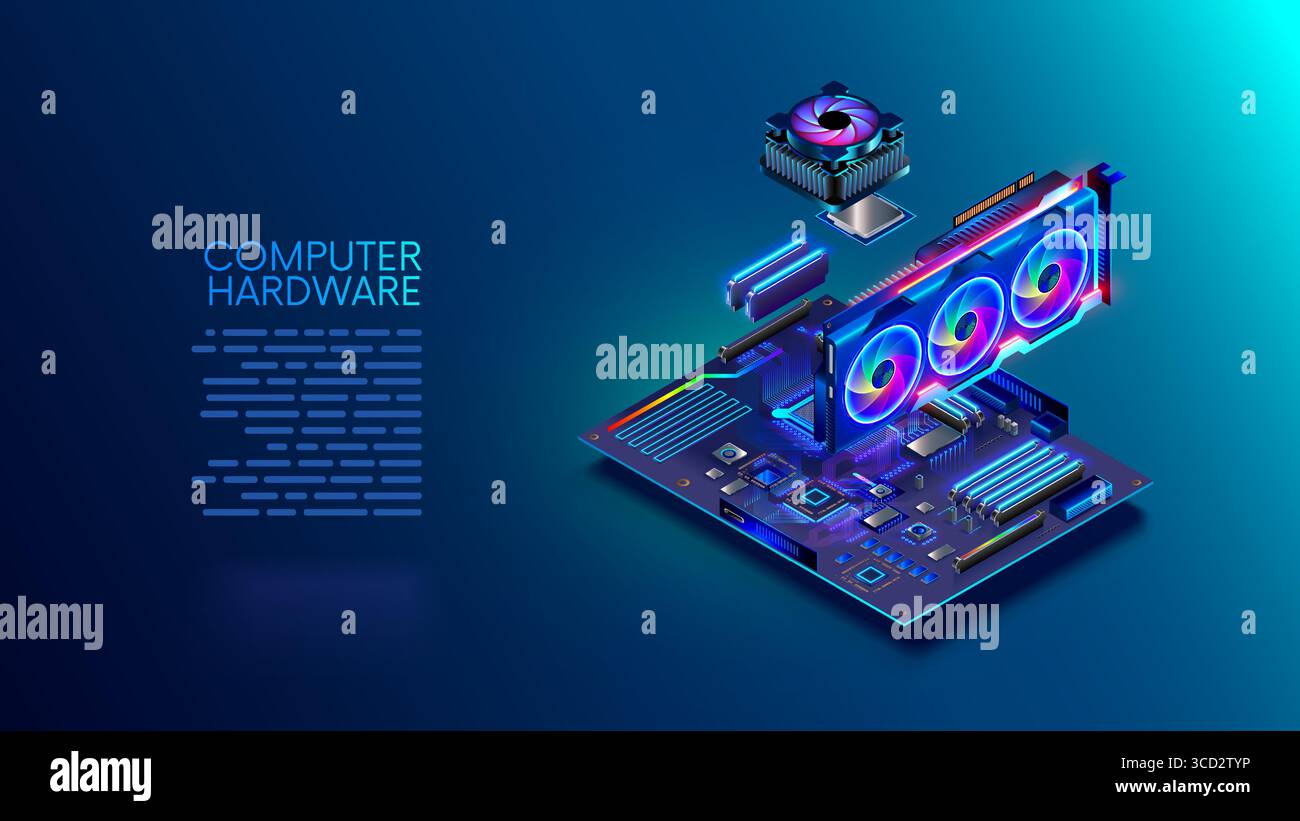 Computerteile schwebten über der Hauptplatine. Montage, Wartung, Reparatur von Computergeräten. Zusammensetzung von Motherboard, Videokarte, Prozesso Stock Vektor