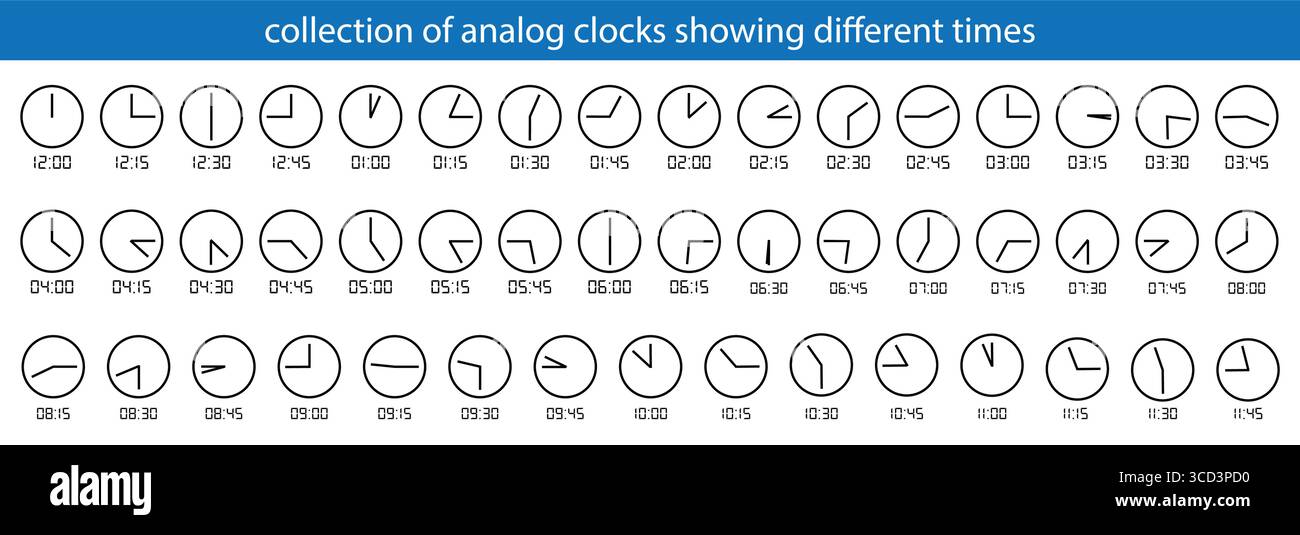 Sammlung von analogen Uhren mit unterschiedlichen Uhrzeiten Stock Vektor