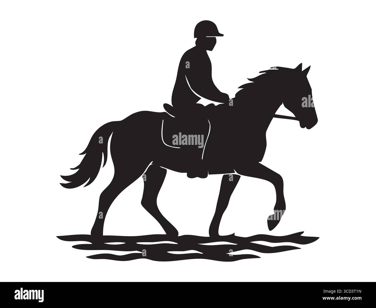 Schwarze Silhouette eines Reiters, der auf einem Pferd trabt, isoliert auf weißem Hintergrund. Konzept des Reitsports, Reiten, Silhouettenkunst, Stock Vektor