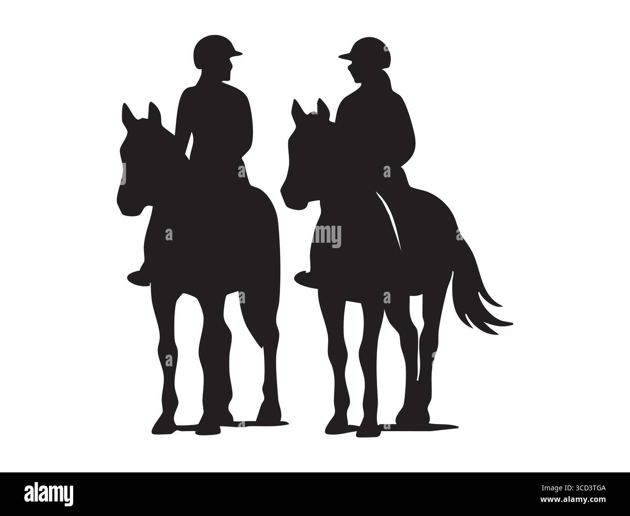 Schwarze Silhouette zweier Reiter auf Pferden, isoliert auf weißem Hintergrund. Konzept der Reittätigkeit, Reiten, Silhouette, Outdoor sp Stock Vektor
