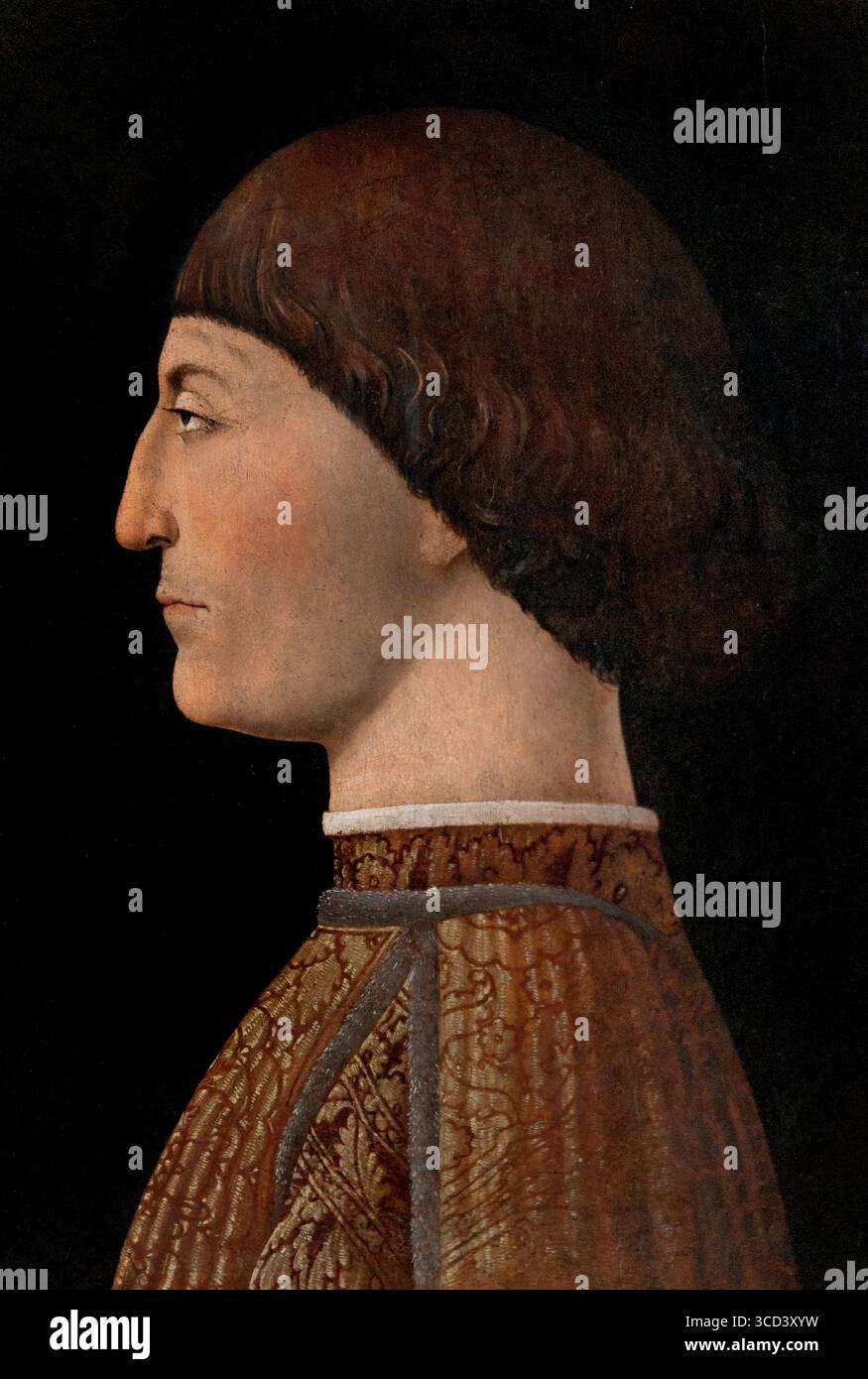 Porträt von Sigismondo Pandolfo Malatesta ist ein Gemälde, das dem italienischen Renaissance-Meister Piero della Francesca 1451 zugeschrieben wird. Es zeigt den Condottiero und Herrn von Rimini und Fano Sigismondo Pandolfo Malatesta, Museum Louvre France. Stockfoto