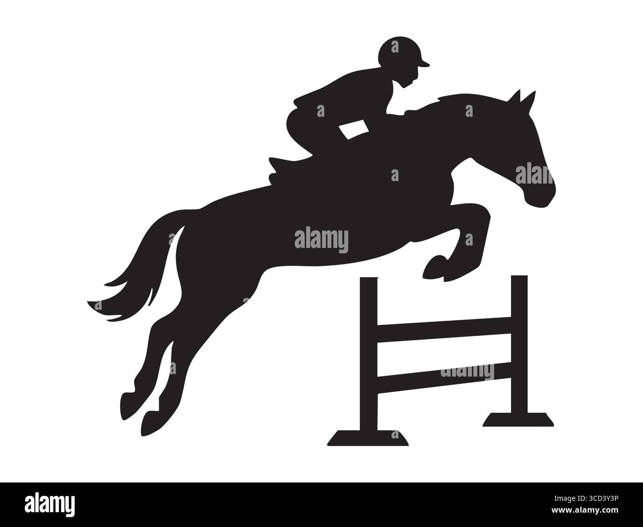 Schwarze Silhouette des Pferdes, der über die Hürde auf einem Pferd springt, isoliert auf weißem Hintergrund. Das Konzept von Sport, Wettbewerb, Pferdesport, Pferdesport Stock Vektor