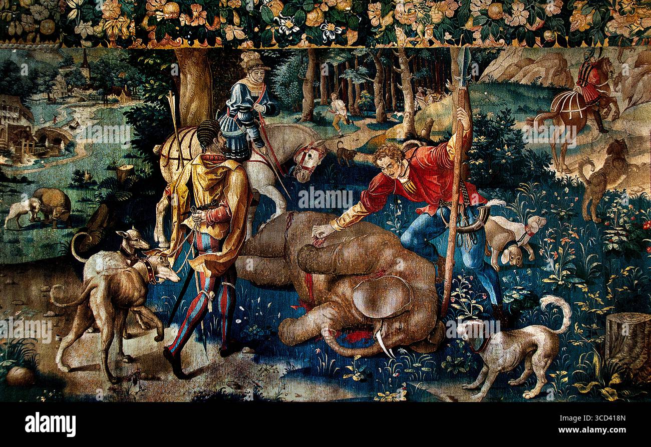 Die Jagd auf Elefanten 1530 Nordfrankreich oder Flandern Wandteppiche Wolle und Seide, Museum Chantilly , Frankreich , Französisch, die Elefantenjagd, Wandteppiche in Nordfrankreich oder Flandern, 1530 ( gotischer nördlicher Realismus und die Monumentalität und Idealismus der italienischen Renaissance-Kunst mit dem künstlerischen Potenzial des Wandteppichs ) Stockfoto