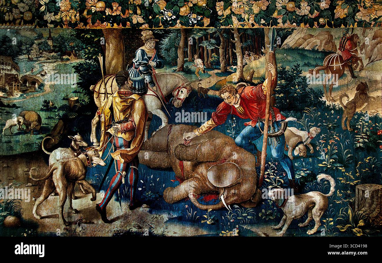 Die Jagd auf Elefanten 1530 Nordfrankreich oder Flandern Wandteppiche Wolle und Seide, Museum Chantilly , Frankreich , Französisch, die Elefantenjagd, Wandteppiche in Nordfrankreich oder Flandern, 1530 ( gotischer nördlicher Realismus und die Monumentalität und Idealismus der italienischen Renaissance-Kunst mit dem künstlerischen Potenzial des Wandteppichs ) Stockfoto
