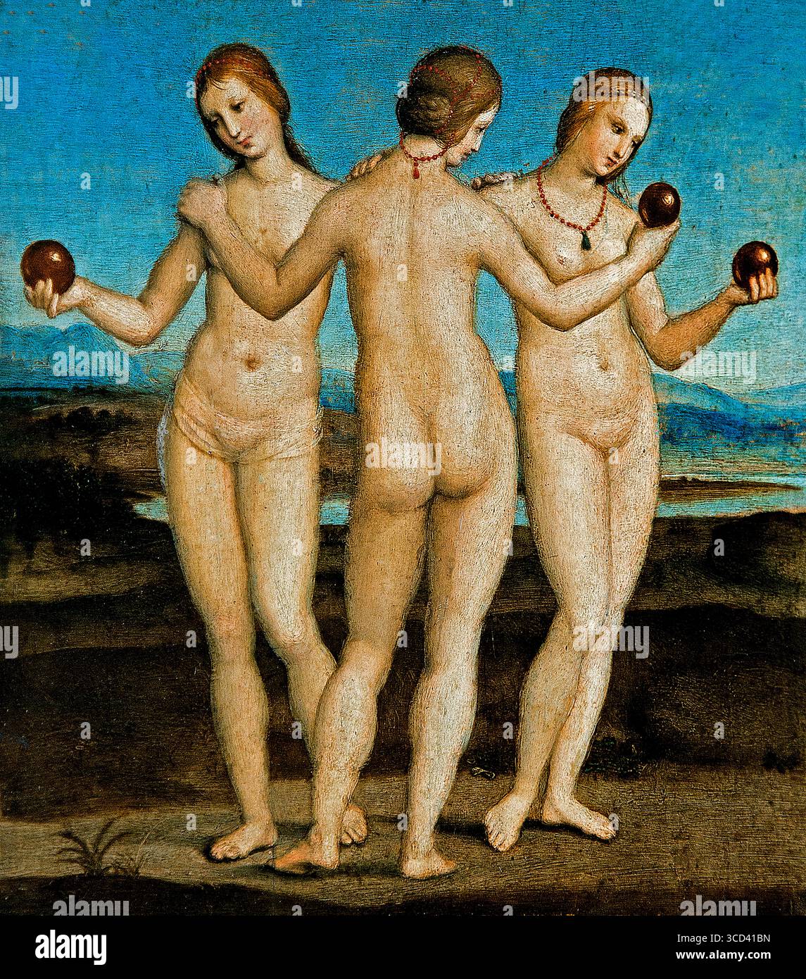 Die drei Grazen 1504 und 1505 von Raffaello 1483-1520 Sanzio da Urbino Italienisches Museum Chantilly (Raffaello Sanzio da Urbino, bekannt als Raffael, war ein italienischer Maler und Architekt der Hochrenaissance). Drei Grazen, auch bekannt als die Chariten, sind Göttinnen in der griechischen Mythologie, die mit Schönheit, Charme und Freude verbunden sind. Sie werden typischerweise als junge, schöne Frauen dargestellt, oft tanzend oder in unmittelbarer Nähe zu Aphrodite, der Göttin der Liebe. Stockfoto