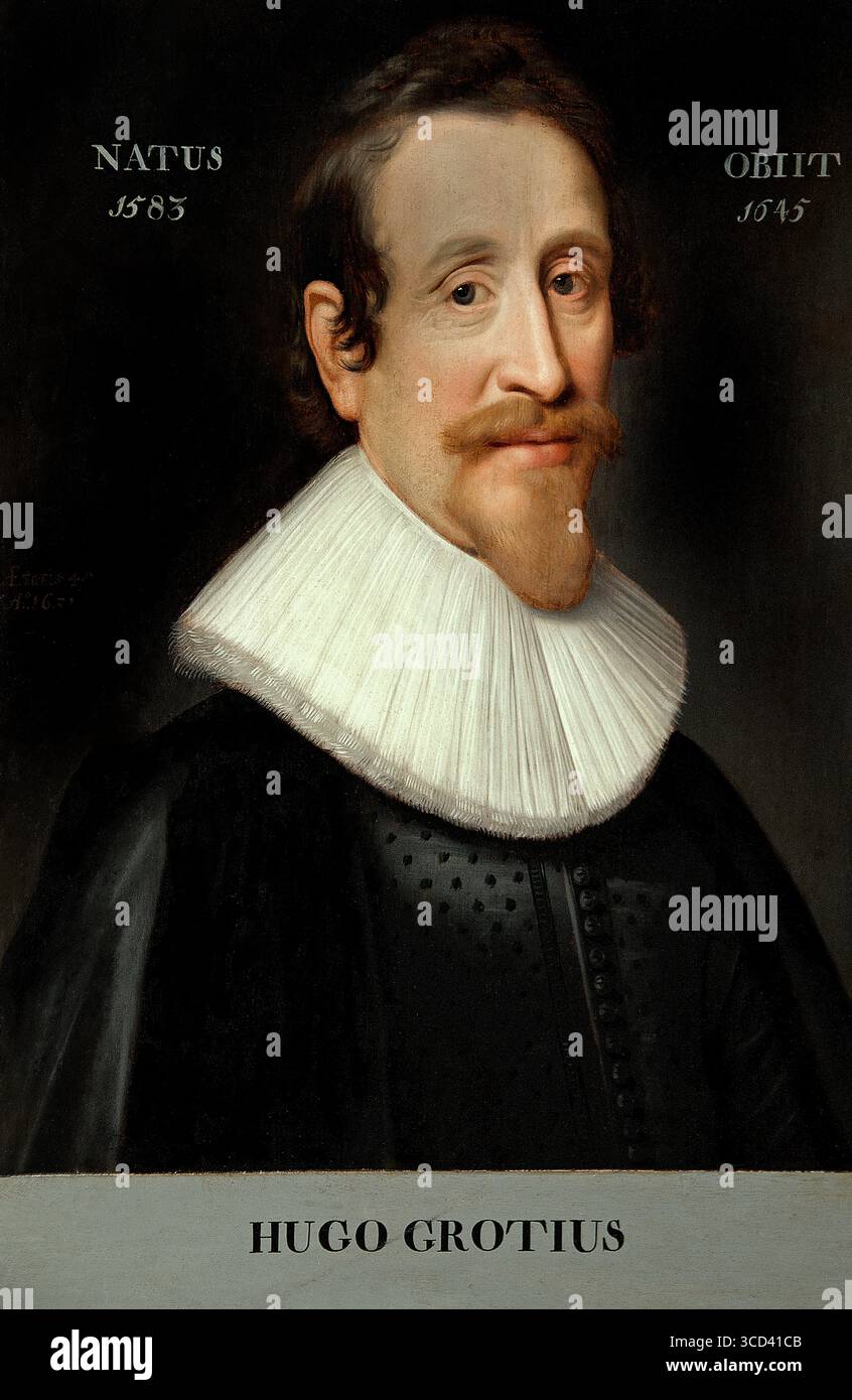 Hugo Grotius 1583-1645 von Michiel Janz. Van MIEREVELD Delft 1567–1641 Delft. Hugo de Groot Niederlande entkam in einem Bücherkasten Museum Chantilly, Frankreich (* 10. April 1583 in Delft, Niederlande – gestorben am 28. August 1645, Rostock, Mecklenburg-Schwerin) war ein niederländischer Jurist und Gelehrter, dessen Meisterwerk de jure Belli ac Pacis (1625; über das Recht des Krieges und des Friedens) als einer der größten Beiträge zur Entwicklung des Völkerrechts gilt. Grotius ist auch Staatsmann und Diplomat und wird als „Vater des Völkerrechts“ bezeichnet. Stockfoto
