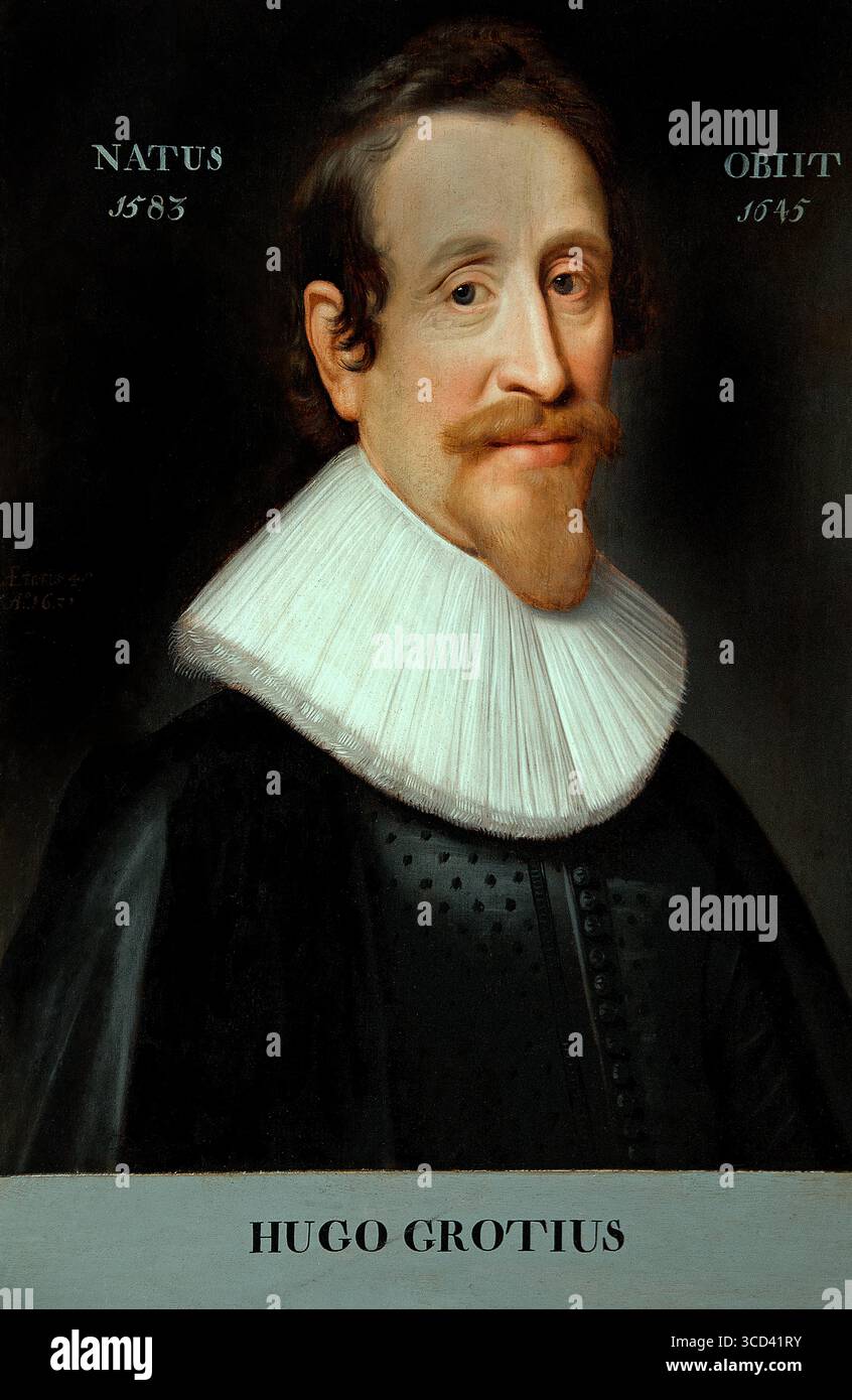 Hugo Grotius 1583-1645 von Michiel Janz. Van MIEREVELD Delft 1567–1641 Delft. Hugo de Groot Niederlande entkam in einem Bücherkasten Museum Chantilly, Frankreich (* 10. April 1583 in Delft, Niederlande – gestorben am 28. August 1645, Rostock, Mecklenburg-Schwerin) war ein niederländischer Jurist und Gelehrter, dessen Meisterwerk de jure Belli ac Pacis (1625; über das Recht des Krieges und des Friedens) als einer der größten Beiträge zur Entwicklung des Völkerrechts gilt. Grotius ist auch Staatsmann und Diplomat und wird als „Vater des Völkerrechts“ bezeichnet. Stockfoto