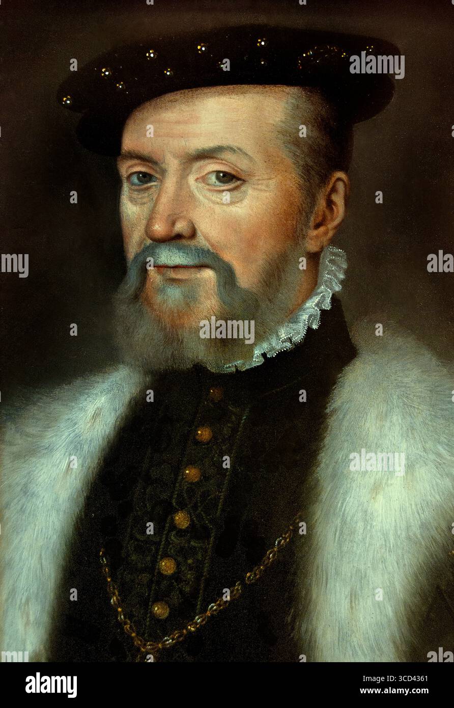 Anne de Montmorency 1493-1567 Constable und Marschall von Frankreich 16. Jahrhundert Clouet, Francois 1510-72 Museum Chantilly, Frankreich, ( Anne de Montmorency (1493–1567) war eine französische Soldatin und Staatsmann, die unter vier französischen Monarchen diente. Er bekleidete die mächtige Position des Konstablers von Frankreich und war eine Schlüsselfigur während der Italienenkriege und der Französischen Religionskriege. Francois Clouet, Sohn von Jean Clouet, war ein französischer Renaissance-Miniaturist und Maler, der vor allem für seine detaillierten Porträts der französischen Herrscherfamilie bekannt war Stockfoto
