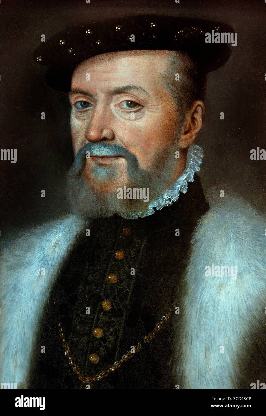 Anne de Montmorency 1493-1567 Constable und Marschall von Frankreich 16. Jahrhundert Clouet, Francois 1510-72 Museum Chantilly, Frankreich, ( Anne de Montmorency (1493–1567) war eine französische Soldatin und Staatsmann, die unter vier französischen Monarchen diente. Er bekleidete die mächtige Position des Konstablers von Frankreich und war eine Schlüsselfigur während der Italienenkriege und der Französischen Religionskriege. Francois Clouet, Sohn von Jean Clouet, war ein französischer Renaissance-Miniaturist und Maler, der vor allem für seine detaillierten Porträts der französischen Herrscherfamilie bekannt war Stockfoto