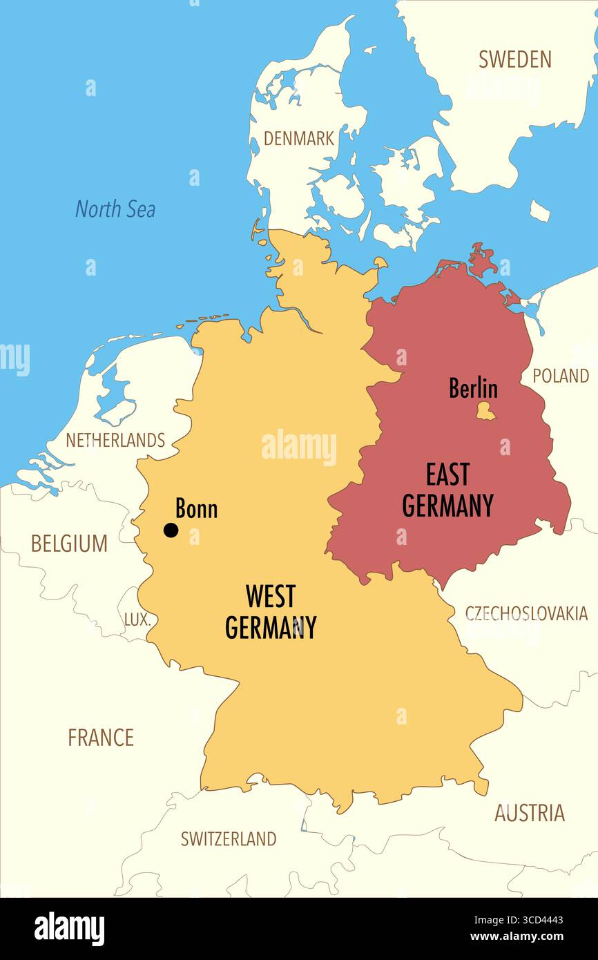 Karte von Ost- und Westdeutschland 1949–1990 – Division des Kalten Krieges Stockfoto