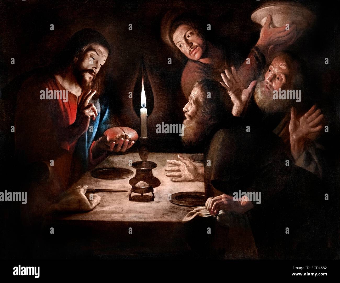 Das Abendmahl in Emmaus von Bigot Trophime 1595-1650 französisches Museum Louvre („Abendmahl in Emmaus“ bezieht sich auf eine bestimmte Szene in der Bibel, die besonders in Caravaggios Gemälde dargestellt ist, das den Moment darstellt, in dem Jesus zwei seiner Jünger nach seiner Auferstehung offenbart. Die Szene, wie im Lukasevangelium beschrieben, findet während eines Essens in Emmaus statt, wo die Jünger ihren Reisegefährten zunächst nicht als Jesus erkennen, bis er segnet und Brot bricht. Stockfoto