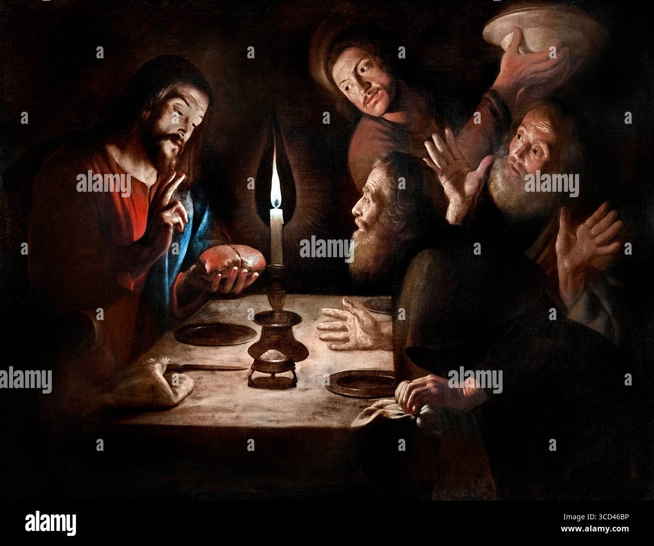 Das Abendmahl in Emmaus von Bigot Trophime 1595-1650 französisches Museum Louvre („Abendmahl in Emmaus“ bezieht sich auf eine bestimmte Szene in der Bibel, die besonders in Caravaggios Gemälde dargestellt ist, das den Moment darstellt, in dem Jesus zwei seiner Jünger nach seiner Auferstehung offenbart. Die Szene, wie im Lukasevangelium beschrieben, findet während eines Essens in Emmaus statt, wo die Jünger ihren Reisegefährten zunächst nicht als Jesus erkennen, bis er segnet und Brot bricht. Stockfoto
