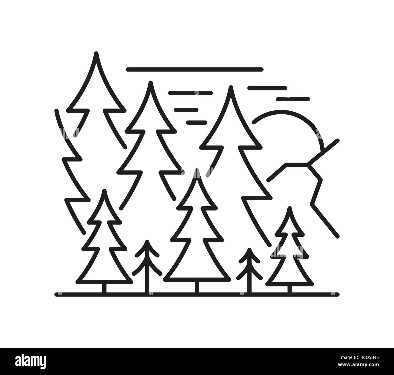 Landschaftslinie Symbol des Waldparks mit Bäumen und Bergen, Vektorsymbol. Landschaftslinie Ikone der Naturszene Wald oder Park mit Tannen- oder Kiefernbäumen, Sonne und Himmel für natürliche Landschaft Stock Vektor