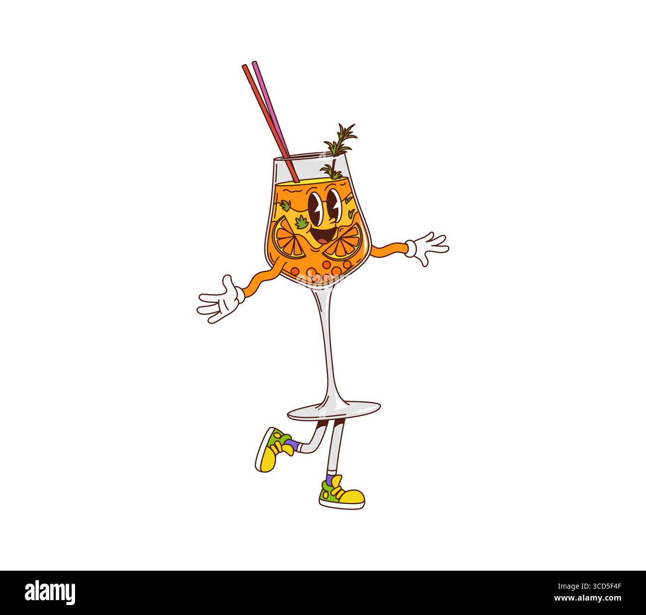 Cartoon groovige Alkohol Cocktail Glas Charakter. Party Kaltgetränk 60s Vintage nette Persönlichkeit, Bar Alkohol Getränk groovige Vektor Maskottchen. Frisches tropisches Cocktailglas mit Orangenfrüchten und Stroh Stock Vektor