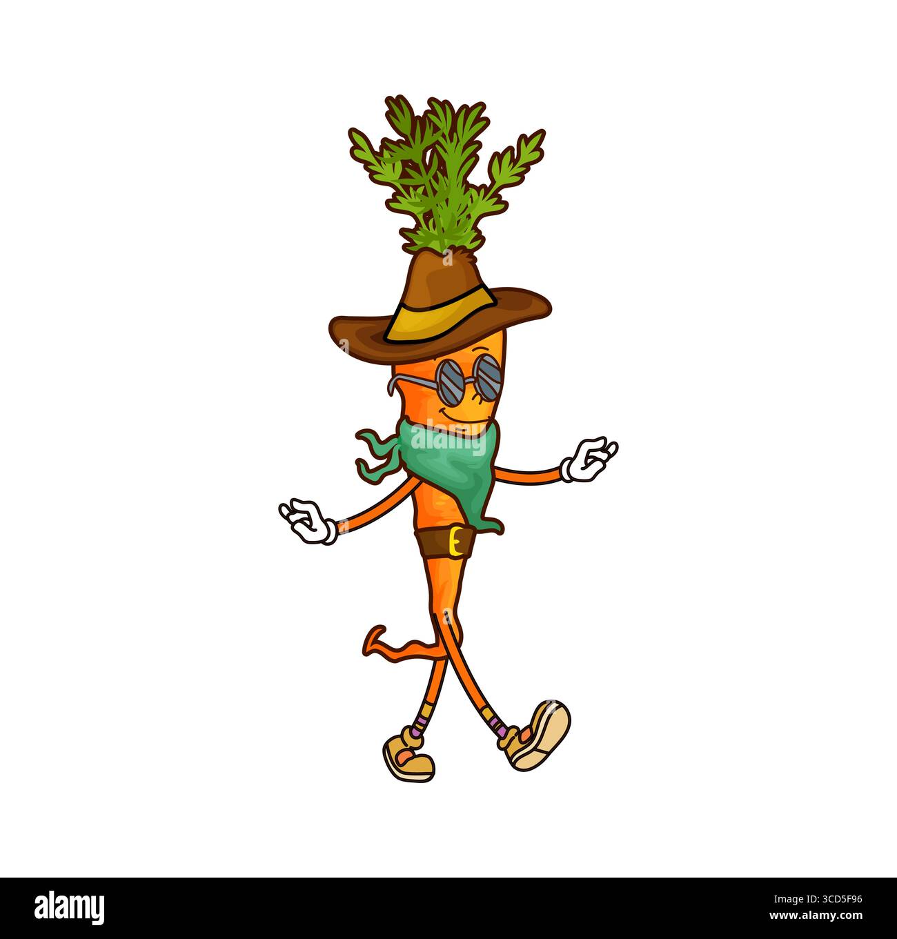 Cartoon groovige Karotten Cowboy oder Banditengemüse, Vektor-Charakter. Lustige groovige Karotte in Cowboyhut, Sonnenbrille und Bandana-Taschentuch als Wild West Vagabond oder Western Ranger Charakter in Sombrero Stock Vektor