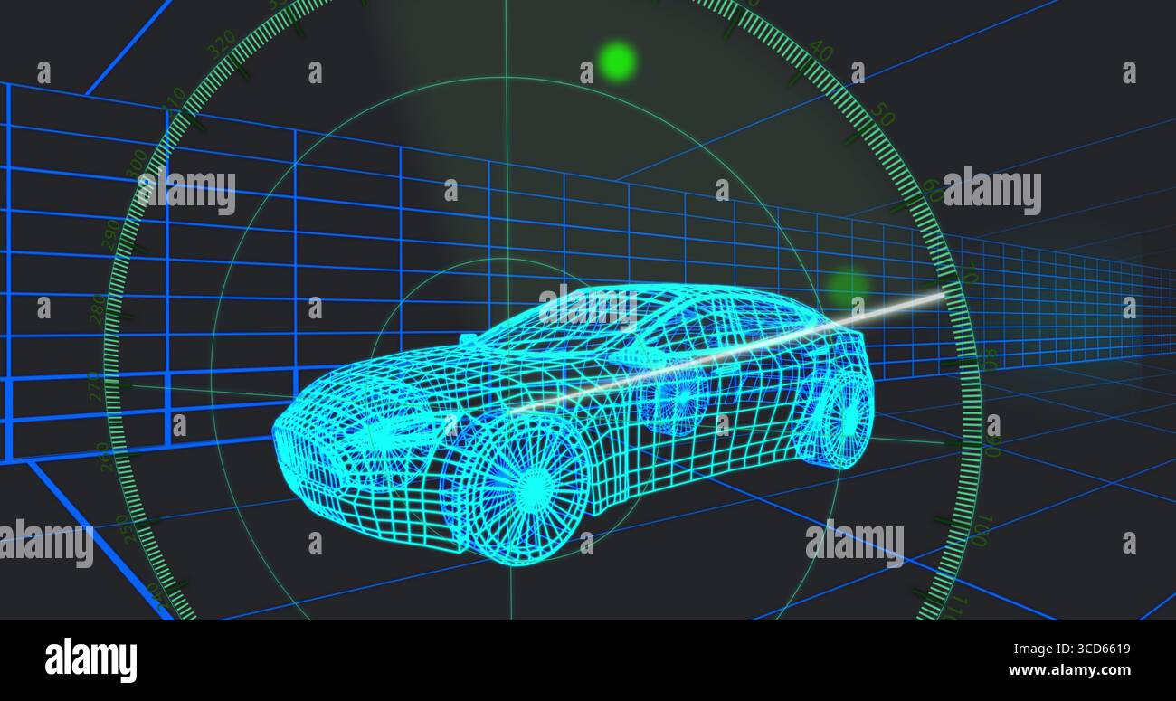 Anzeige von Drahtmodell-Scans in einer Limousine im 3D-Gittertunnel mit Radar-HUD und Tracking-Punkten Stockfoto