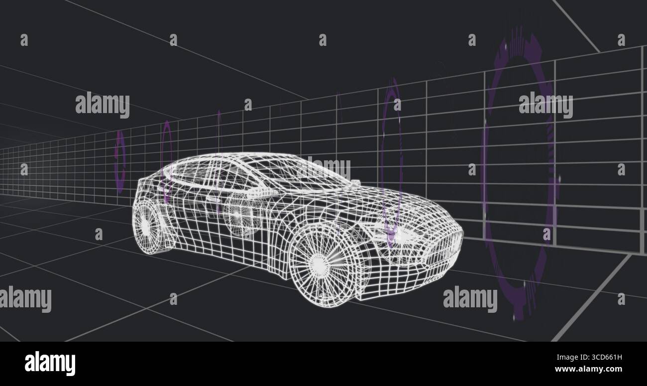 Zeigt ein Drahtmodell, das sich über dem Boden und den Wänden des Gitters dreht, mit violetten Portalen und Pfeilen Stockfoto