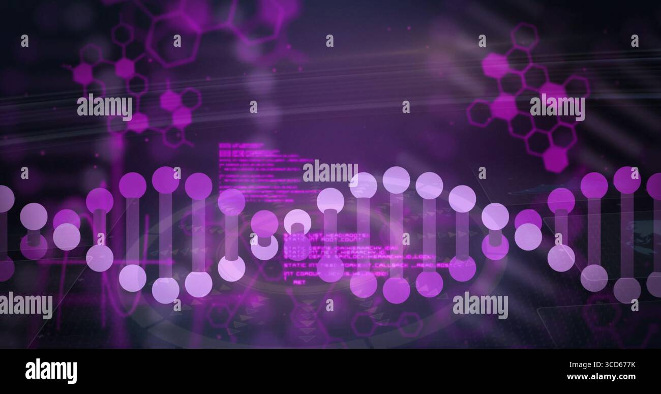 Zeigt DNA-Doppelhelix-Modell im virtuellen Raum mit hexagonalen Motiven und Code-Stream an Stockfoto