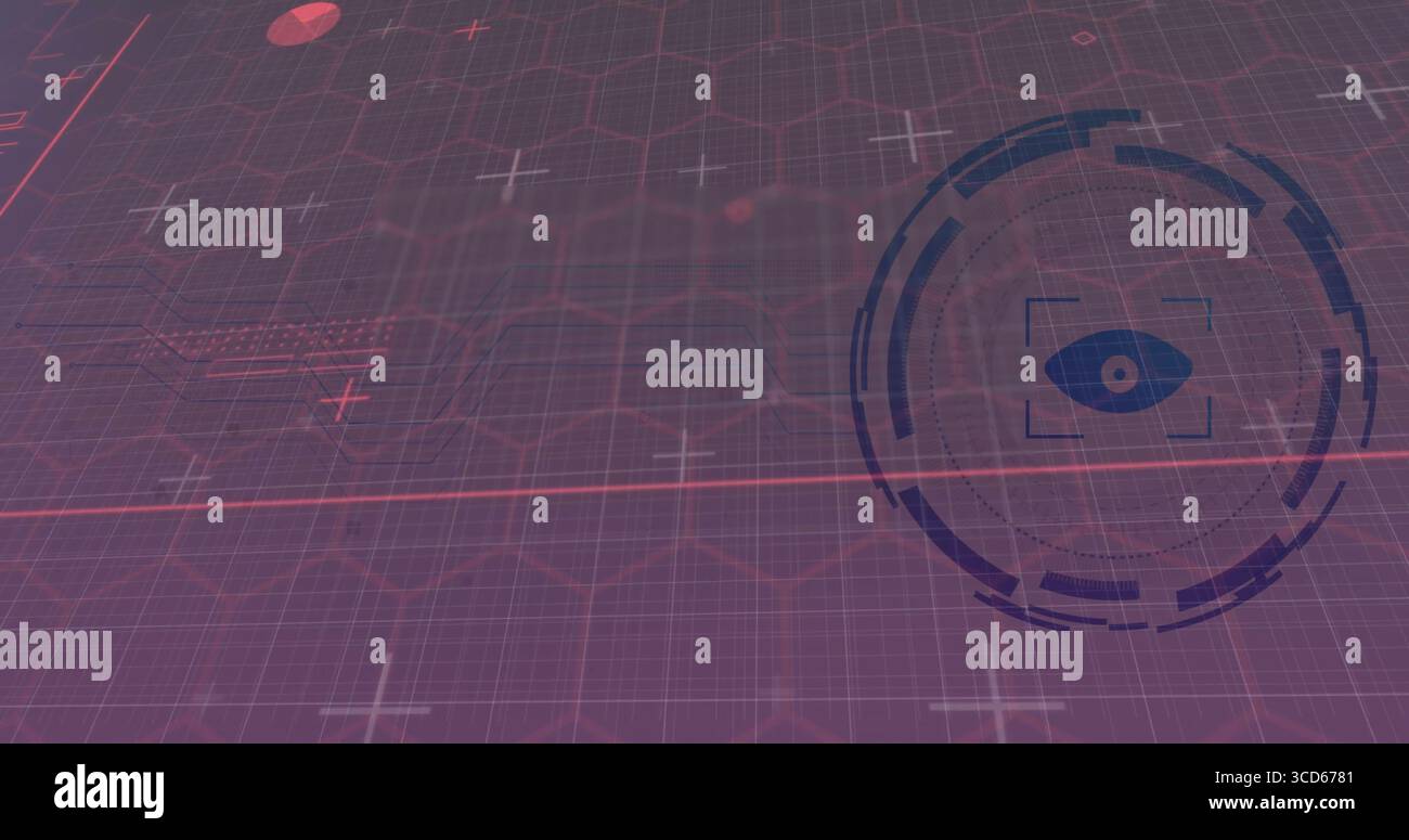 Anzeigen des HUD auf der Benutzeroberfläche des Hexenrasters mit Augensymbol, horizontaler Scanlinie und Pluszeichen, Kopierraum Stockfoto
