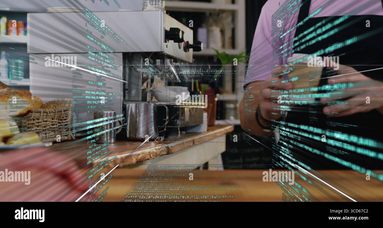 Barista am Café-Theke mit Espressomaschine und Code-Overlay zum Brühen von Espresso Stockfoto
