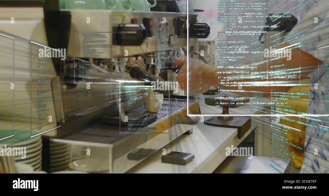 Betrieb der Gruppe für kommerzielle Espressomaschinen an der Kaffeebar-Theke, mit schwimmendem AR-Code Stockfoto