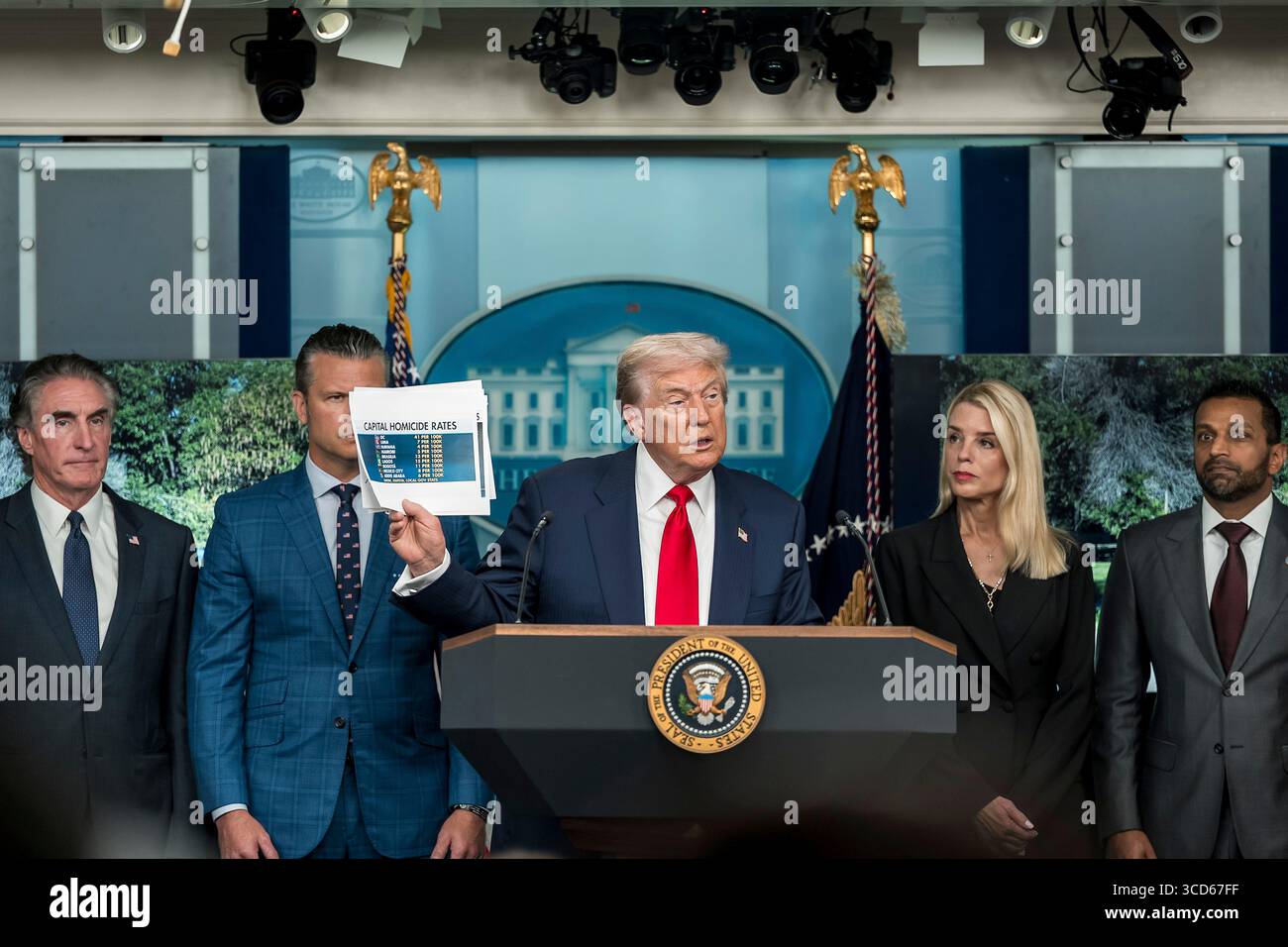 Washington, Vereinigte Staaten Von Amerika. August 2025. Washington, Vereinigte Staaten von Amerika. August 2025. US-Präsident Donald Trump, Center, kommentiert Verbrechen im District of Columbia während einer Pressekonferenz im James S. Brady Press Briefing Room des Weißen Hauses am 11. August 2025 in Washington, DC, kündigte Trump an, dass er die lokale Polizeiabteilung übernimmt und die Nationalgarde auf die Straßen von Washington entsendet. Quelle: Abe McNatt/White House Photo/Alamy Live News Stockfoto
