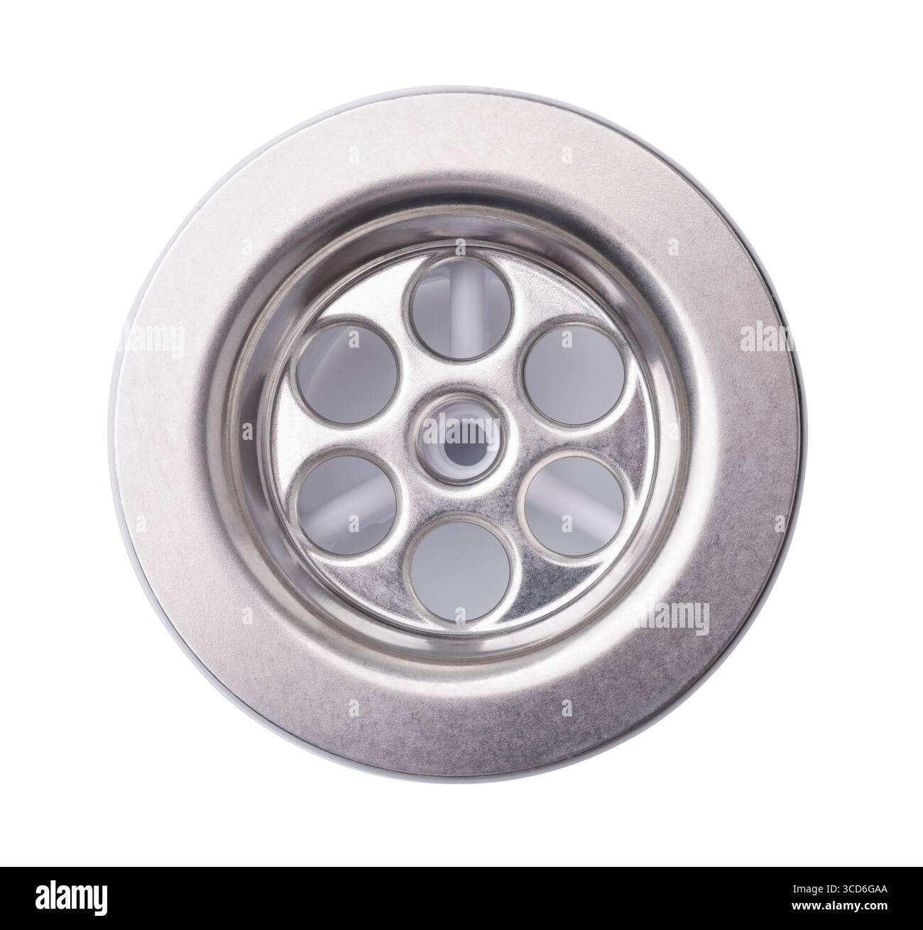 Draufsicht des Abflusses aus Edelstahl isoliert auf weiß Stockfoto
