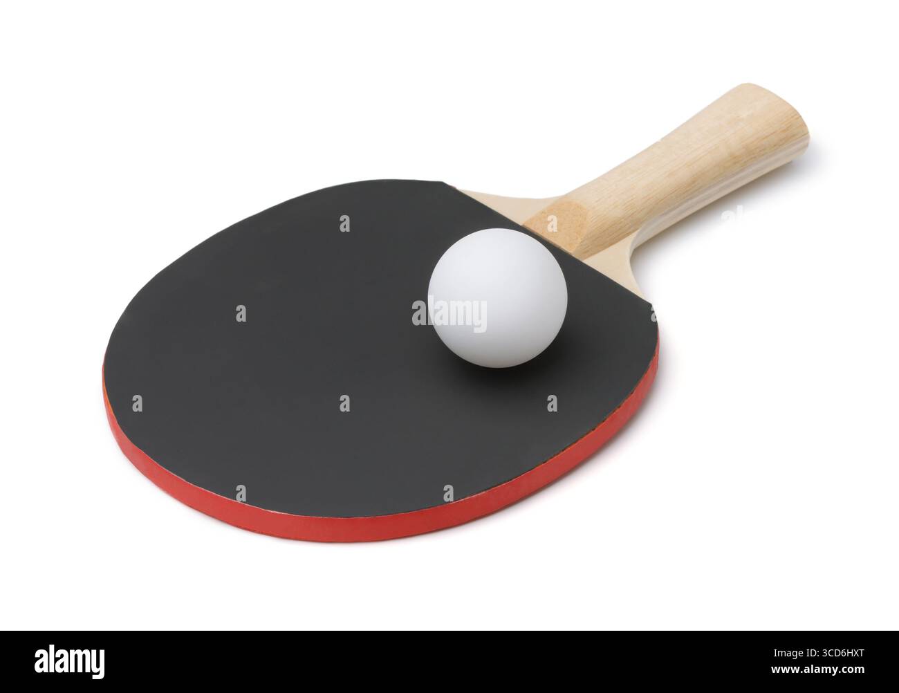 Tischtennisschläger und Ball isoliert auf Weiß Stockfoto