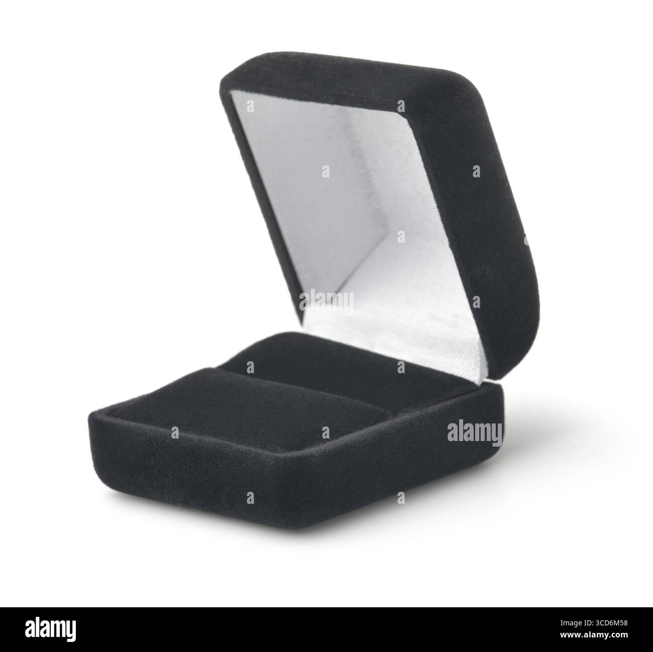 Leere schwarze Samtschmuckdose isoliert auf weiß Stockfoto