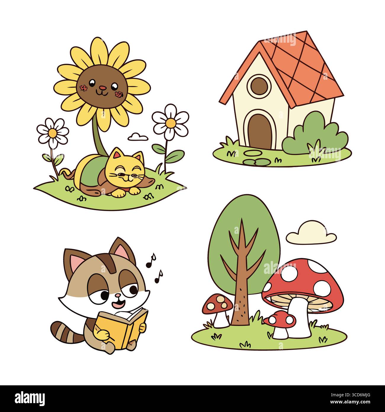 Bezaubernde Vektor-Illustrationen von niedlichen Tieren, Blumen und einem gemütlichen Haus in einer skurrilen Naturszene Stock Vektor