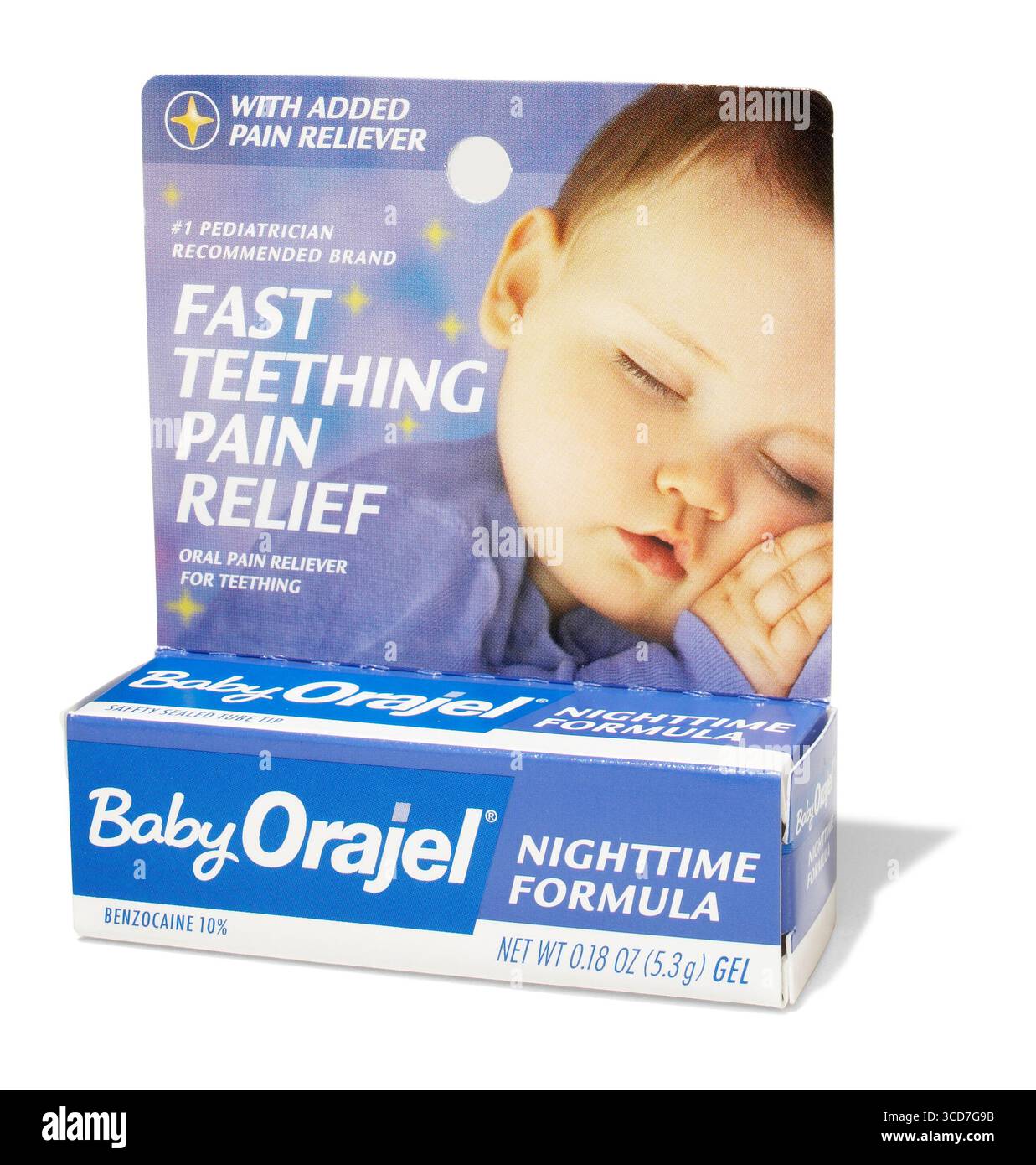 Orajelnächtliche Schmerzlinderung auf weißem Hintergrund Stockfoto