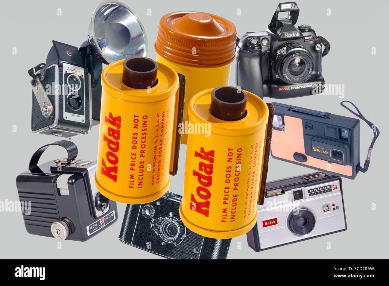 Kodak in der Krise, Kodakprodukte aus 90 Jahren von 1914 bis 2003, Filme und Kameras, 2025 Deutschland, 2025, Kodak in der Krise, typische Kodak-Produkte aus knapp 90 Jahre, , Diafilme Kodachrome von 1958, in typisch Kodak-Gelb, Made in Rochester, N.Y., USA, by Eastman Kodak Company, Filmdose für Kleinbildfilm von 1950, im Hintergrund von oben links gegen den Uhrzeigersinn, Reporterkamera Kodak Duaflex III mit Lichtschachtsucher von 1954, Fotokamera Kodak Brownie Hawkeye, Flash Model von 1950, Westentaschen-Kodak von 1914, Kodak Instamatic 50 von 1963, Kodak Disc Kamera, Disckamera Modell, 35 Stockfoto