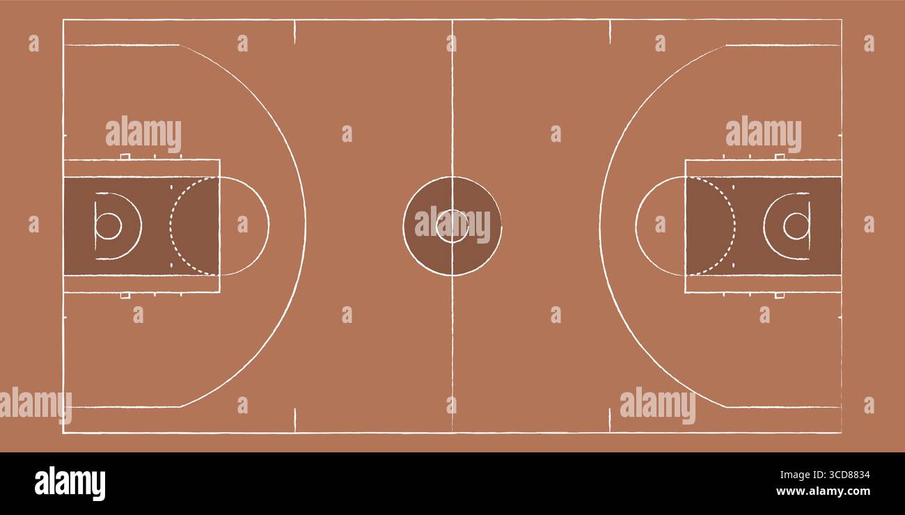 Basketballfeld mit Draufsicht mit realistischer Holzstruktur und Markierungen. Hallenboden für Sportspiele, Training oder Teamstrategie. Perfekter Hintergrund Stock Vektor