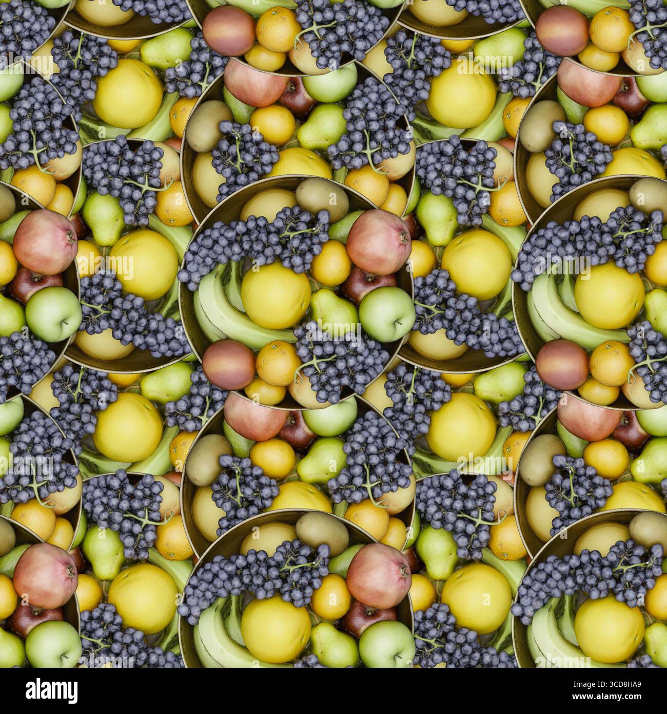 Nahtloses 3D-Fruchtkorb-Muster Kachelbare Hintergrundtapete buntes sich wiederholendes Design perfekt für Lebensmittelverpackung Küchendekor und kommerzielle Resta Stockfoto