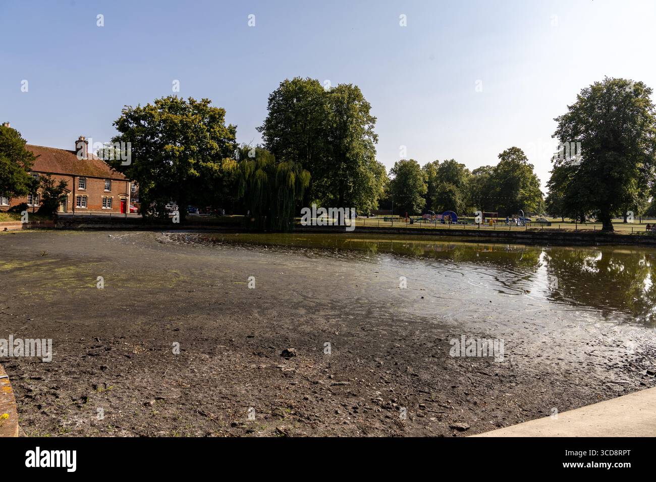 Der Crammer, ein Teich in Devizes Wiltshire, trocknete bei heißem Wetter im August 2025 teilweise aus Stockfoto
