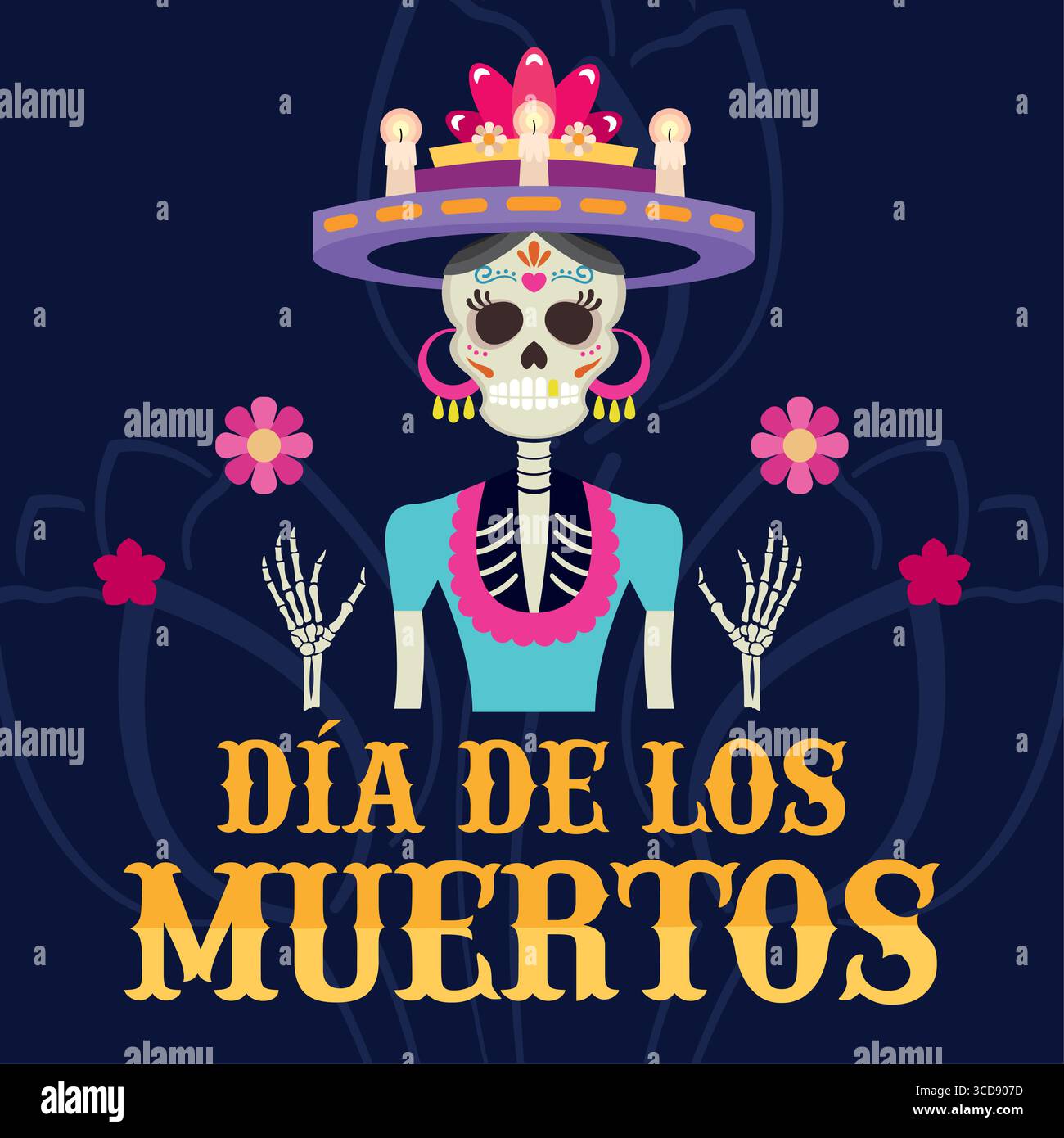 Catrina Skelett Kleid Blumen. Vektor Stock Vektor