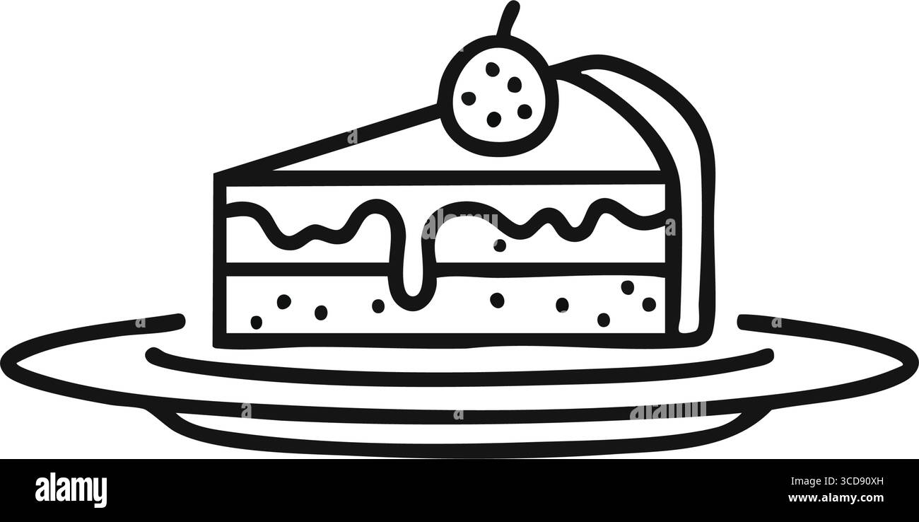 Süßes Dessert Slice Art Symbol. Minimalistische Skizze eines leckeren Gebäckstücks, das auf einem Teller serviert wird. Diese reizvolle Grafik vermittelt Genuss, Komfort, Stock Vektor