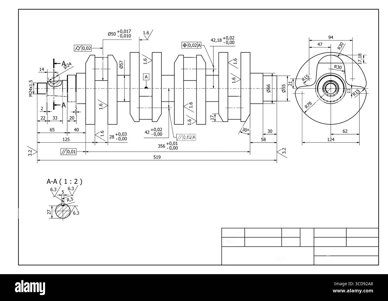 Kurbelwelle, technische CAD-Zeichnung, Abbildung, mechanischer Teil Kolbenmotormotor, weißer Hintergrund isoliert Stockfoto
