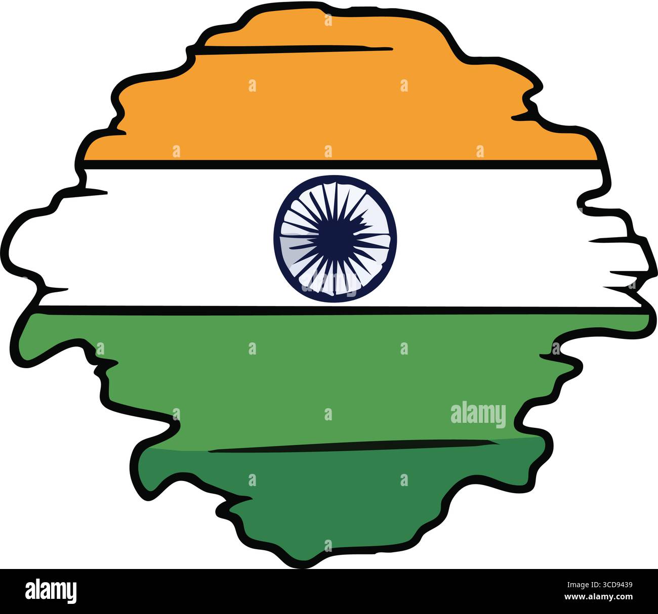 Künstlerisches Design Der Indischen Flagge. Stilisierte Darstellung von Bharats nationalem Emblem. Leuchtende Farben von Safran, weiß, Grün mit dem Dharma Chakra symbolisieren Stock Vektor